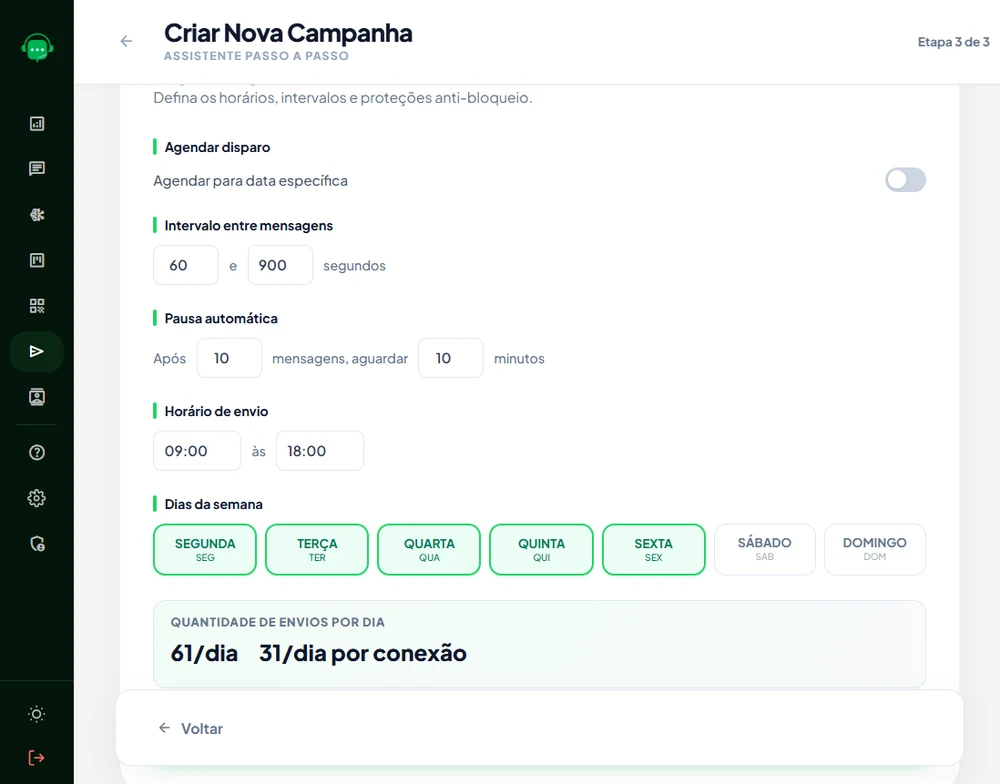 Tela de regras e agendamento do Wesender Disparador