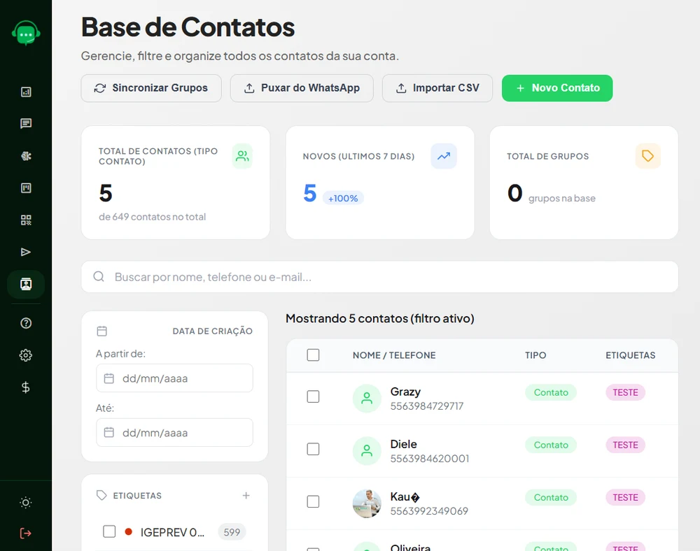 Tela de listas de contatos do Wesender Disparador